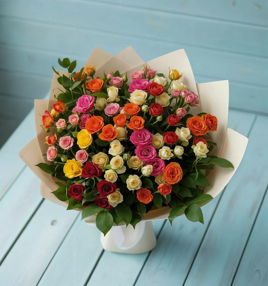 Букет Микс из разноцветных кустовых роз в Большое Гридино